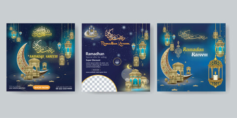 Happy ramadan kareem greeting card and eid festival sale offer. ramadan square banner for social media post, traditional islamic religious Instagram post ads pack.
 - obrazy, fototapety, plakaty
