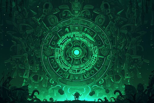 A dark green background with intricate patterns of ancient Mayan symbols and shapes, representing the rich cultural heritage of that civilization. 
