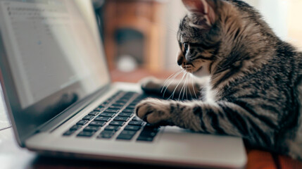 Cat sitting at a desk in front of a grey laptop. His paws are touching the keyboard as he types, photorealistic, high quality light photo, white background.