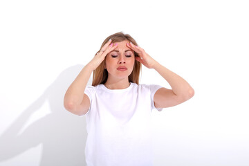 girl feeling pain on a white background