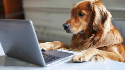 A Golden Retriever dog is sitting at a table and using a laptop computer. The dog is looking at the screen and has its paws on the keyboard. The dog is in a home office and is working on a project.