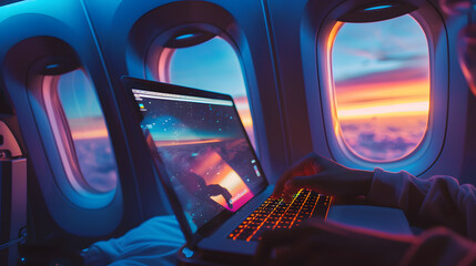 People using a laptop while traveling on a plane with a landscape of clouds reflecting on the laptop screen.