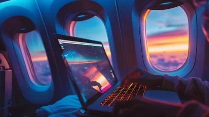 Poster People using a laptop while traveling on a plane with a landscape of clouds reflecting on the laptop screen. © javu