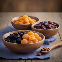 Assorted Dried Fruits in Ceramic Bowls on a Wooden Table