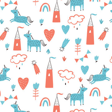 Children's fairy tale pattern with unicorn towers, rainbow hearts, flowers and stars