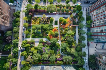 Fototapeta na wymiar Eco-Friendly Urban Landscape: Top-Down Green Roof Garden