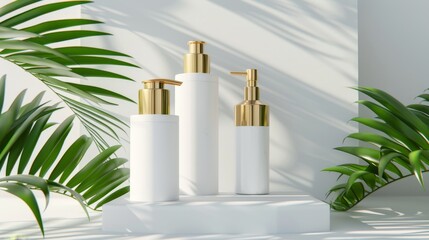 3D render of white cosmetic bottles with golden caps, isolated on white. Beauty products levitate. Blank package: shampoo, soap, oil, cream, moisturizer.