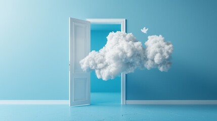 The 3D render shows a white fluffy cloud going through and flying out the open door, surrounded by objects isolated on blue background. The scene is surreal, like a dream. It is a metaphor for the
