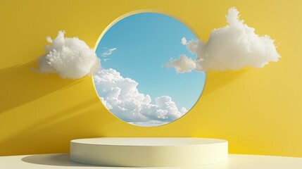 An abstract 3D render of a yellow wall with blue sky inside a round hole. A white cloud flies through the window above the empty podium. Blank showcase mockup.