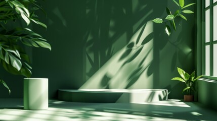 Render of a minimalist showcase scene with a cylinder podium and steps against an abstract green background. Leaf shadows and bright sunlight cast through the window.