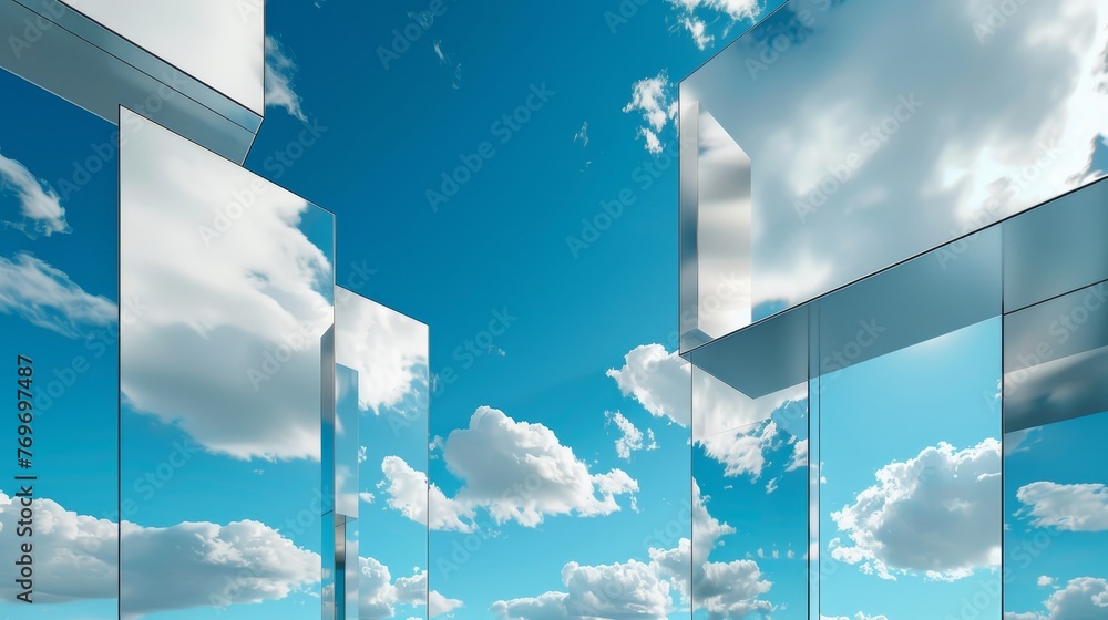 Poster in the blue sky, a 3d rendering of an abstract modern minimal background with white clouds.