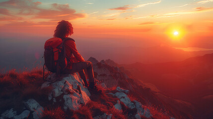Silhouette of a person sitting on a mountain peak at sunset with vibrant sky colors.