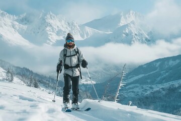 A skier carves through fresh powder with a stunning mountain vista behind. - obrazy, fototapety, plakaty