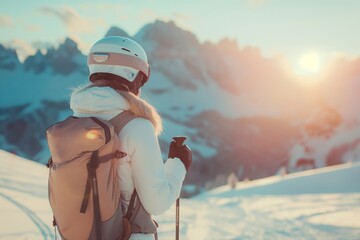 A skier, poised against a breathtaking backdrop of snow-covered peaks illuminated by the warm glow of dusk, reflects on the tranquil beauty of the mountains. - obrazy, fototapety, plakaty