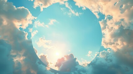 3d render, abstract wallpaper, blue sky with white clouds flying out the round hole. Weather concept, optical illusion. - obrazy, fototapety, plakaty