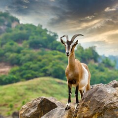 Beautiful screw-horn goat stand on the stone green land mountain - obrazy, fototapety, plakaty