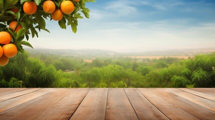 Empty wood table with free space over orange trees, orange field background. For product display montage - generative ai - obrazy, fototapety, plakaty