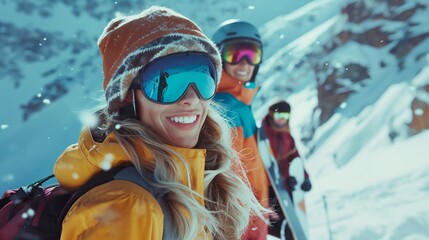 Close-up of a happy woman in ski goggles, snowy mountain backdrop. - obrazy, fototapety, plakaty