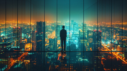 Businessman standing at transparent glass floor on rooftop with night Smart city panoramic view. Business success with smart technology concept. Business analysis, trading concept.