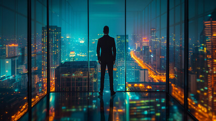 Businessman standing at transparent glass floor on rooftop with night Smart city panoramic view. Business success with smart technology concept. Business analysis, trading concept. - obrazy, fototapety, plakaty