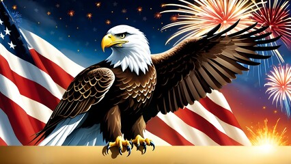 Bald Eagle with American Flag and fireworks in the background, illustration