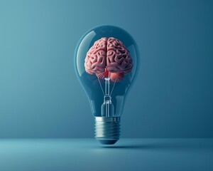 Minimalist 3D rendering of a brain in a light bulb against an indigo background highlighting the concept of enlightened thinking - obrazy, fototapety, plakaty
