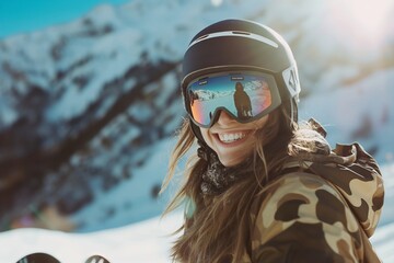 A radiant snowboarder's joyful smile is mirrored in her ski goggles, as she revels in the exhilarating ambiance of the sunlit snow-covered slopes.
