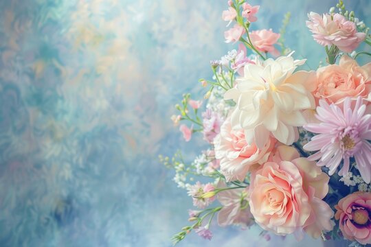 Beautiful bouquet of flowers on soft background, right side placement for text space