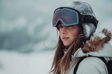 Close-up of a thoughtful woman in a ski helmet and goggles amidst falling snow. - obrazy, fototapety, plakaty