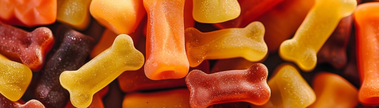 A Close Up Of Dog Toy Parts, Inspired In The Style Of Dune And Gummy Candy Packaging, Product Photography, Yellow Orange Brown Hues, Knolling Layout, Macro Shot