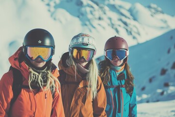 Group of young women in colorful ski gear posing in front of snow-clad mountains. - obrazy, fototapety, plakaty