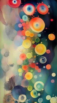 A whimsical cascade of colorful circles and orbs floats on a dreamy, blurred background, creating a playful atmosphere.