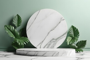 Podium background 3D white marble stand display platform mockup. Stone podium scene summer background. product stage presentation plant rock leaf. abstract 3D render 
