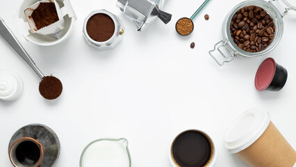 Different ways to make coffee geyser moka maker,  metal cezve, coffee machine capsules, drip. Coffee making concept