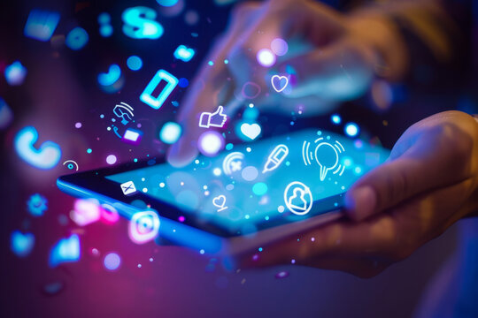 Male hands holding and touching the illuminated screen of a digital tablet with abstract communication icons on a blue background. Concept of social media