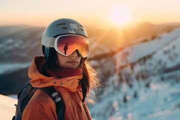 A young snowboarder pauses to enjoy the breathtaking sunset reflecting off her goggles, surrounded by the tranquil beauty of the snowy mountainscape.