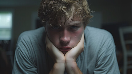 Portrait of a pensive young man with hands on chin, looking contemplative or worried in a dimly lit room.