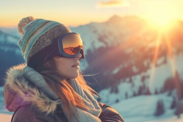 A woman in winter attire enjoys a quiet moment, gazing at the stunning sunrise over the snow-covered mountains, reflecting in her ski goggles.