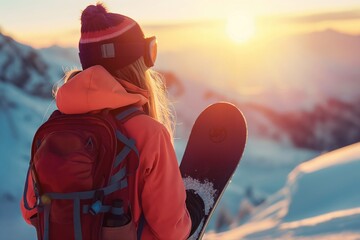 With the sunrise splashing the sky with colors, a snowboarder, backpack ready, stands poised to embrace the day's first run down the pristine slopes.