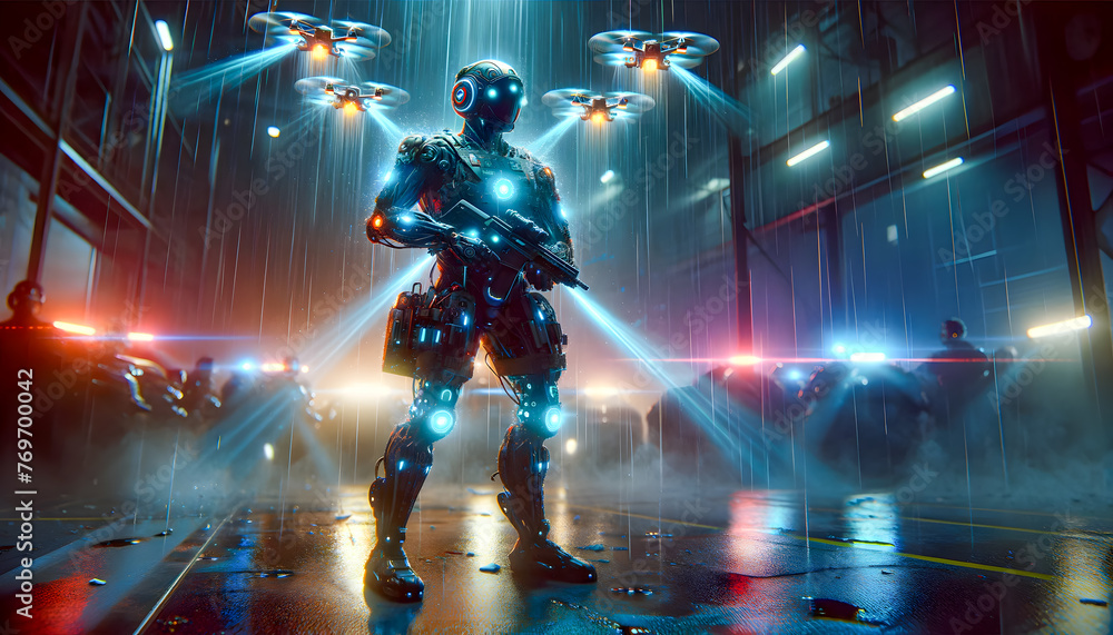 Poster an ai security guard in a futuristic setting, blending elements of advanced technology and robust se