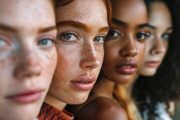 Group portrait in a row of different ethnicity women