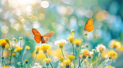 Butterflies on wild yellow flowers in sunlight