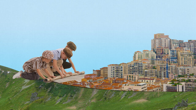 Little boys, friends, chidden rolling up carpet with urban background. Travelling. Outdoor game. Contemporary art collage. Concept of architecture, retro and vintage, childhood, fantasy