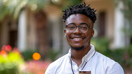 Portrait of a smiling young man with glasses and trendy hairstyle outdoors with blurred greenery background. - 769700671