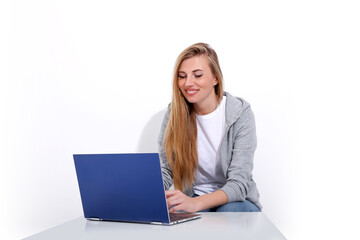 girl with laptop on white background