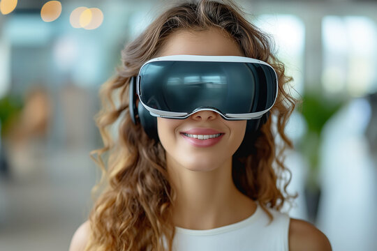 Smiling businesswoman using virtual reality glasses, ai technology