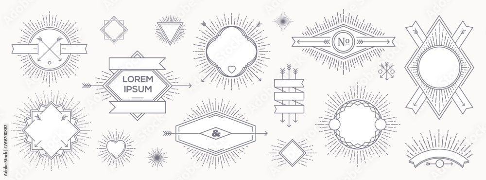 Canvas Prints set of outline heraldic emblems and labels with sunburst rays. vector illustration.