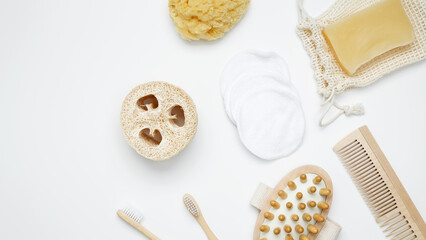 Natural organic eco cosmetics. Soap Eco, reusable cotton pads, loofah natural sponge washcloth,...