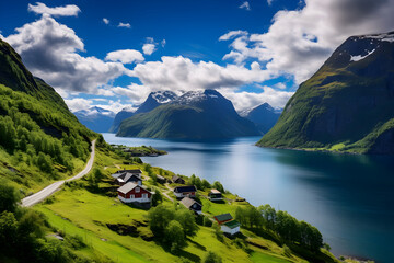 Serene Panoramic View of a Nordic Fjord Amidst Lush Greenery Under a Blue Sky