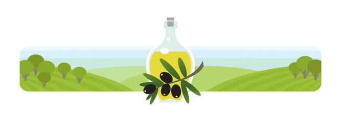 A bottle of olive oil and olive branch against a landscape with agricultural cultivated fields. Vector illustration.